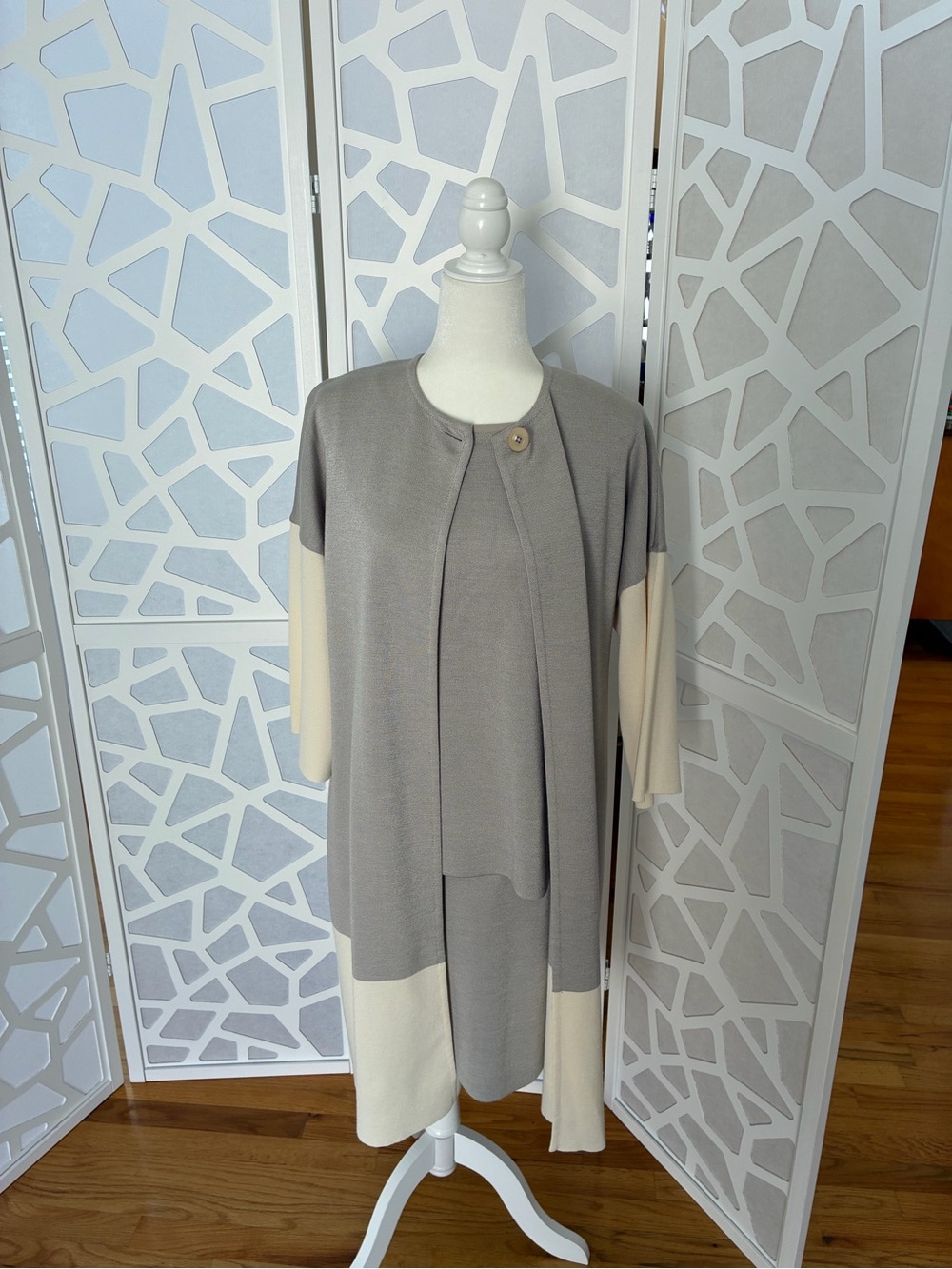 St. John Silver Knit Long Jacket with Skirt and Shell